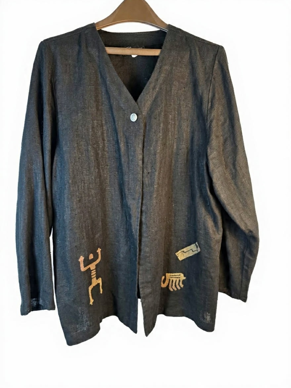 Black Tribal Print Open-Front Women's Blazer Linen Jacket Boho